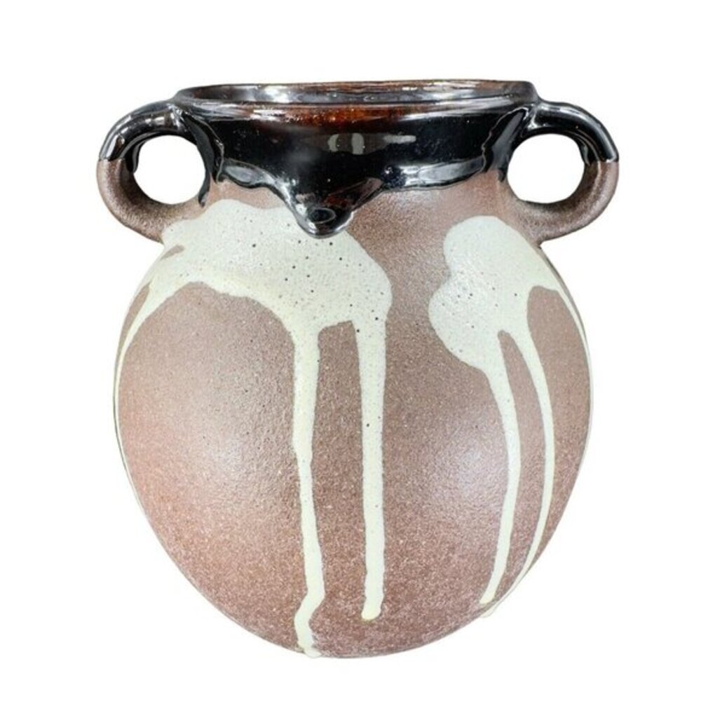 W Germany Pottery Lava Glaze Vase Vessel Brown Drip Glaze RedWare‎ With Handles
